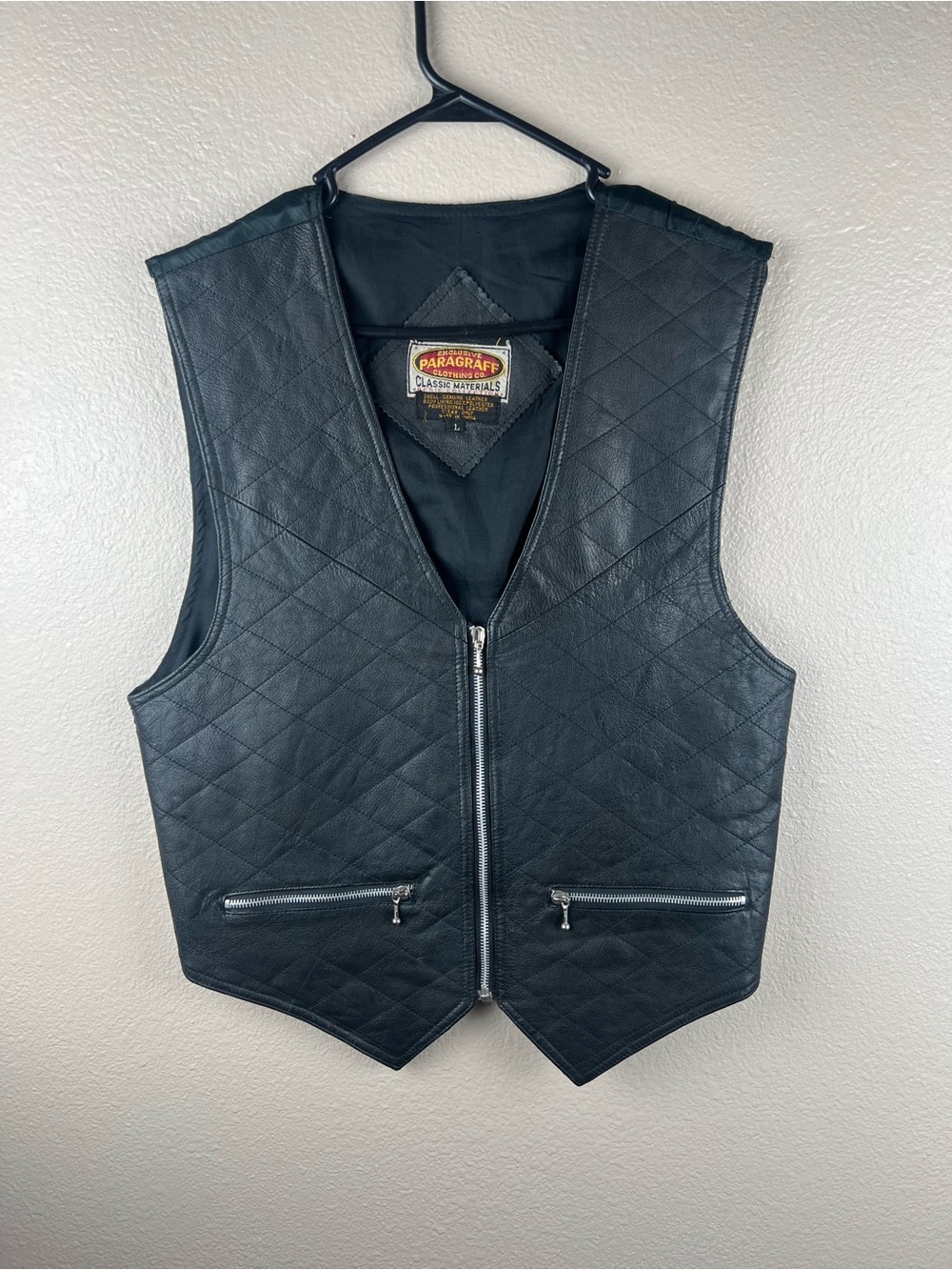 Vintage Paragraff Black Genuine Leather Quilted Motorcycle Vest L